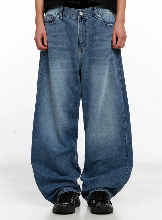 mens-wide-leg-washed-denim-jeans-ig511 / Blue