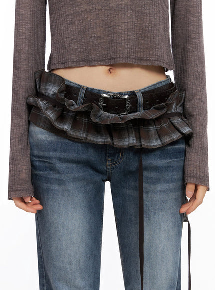 plaid-layered-wrap-mini-skirt-co516 / Brown