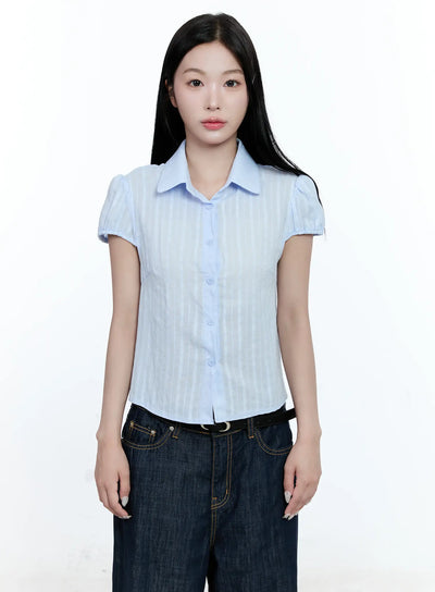striped-puff-sleeve-blouse-cg513 / Light blue