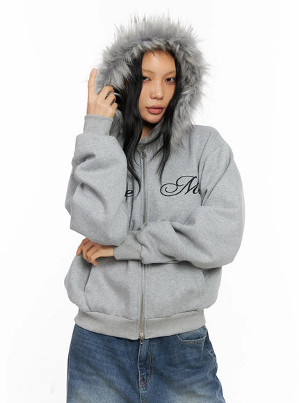 oversized-fur-zip-up-hoodie-co529 / Gray