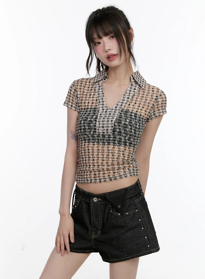 sheer-checked-collar-tee-cl504 / Light pink