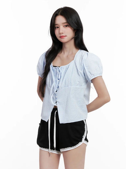 striped-puff-sleeve-ribbon-top-cl516