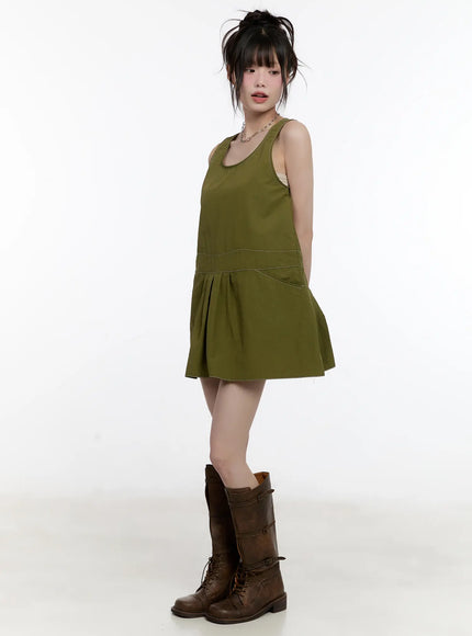 olive-green-pintuck-mini-dress-cl507