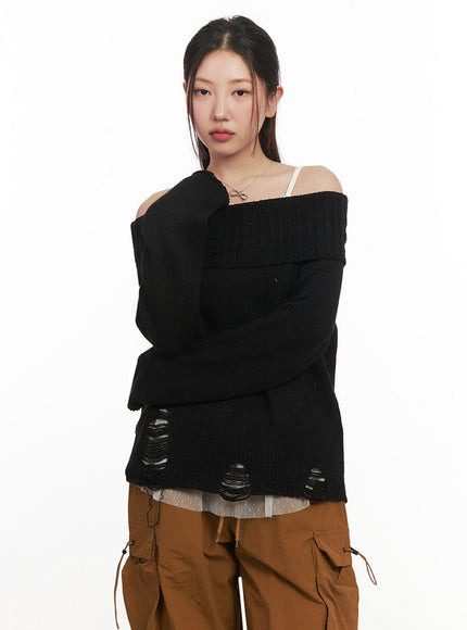 Off-Shoulder Distressed Sweater IM525