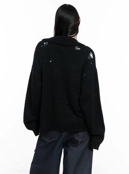 Oversized Distressed Knit Zip-Up CO528