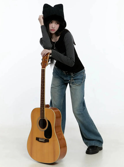 Striped Embroidery Long Sleeve Tee IO520