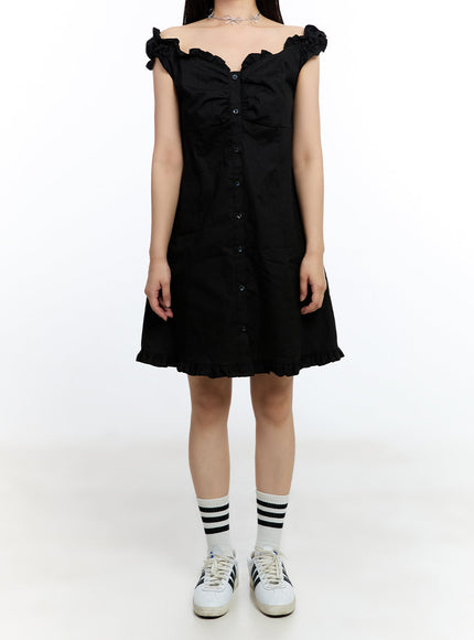 frill-buttoned-off-shoulder-midi-dress-iu503 / Black