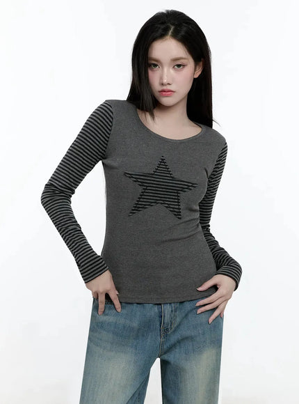 Striped Embroidery Long Sleeve Tee IO520