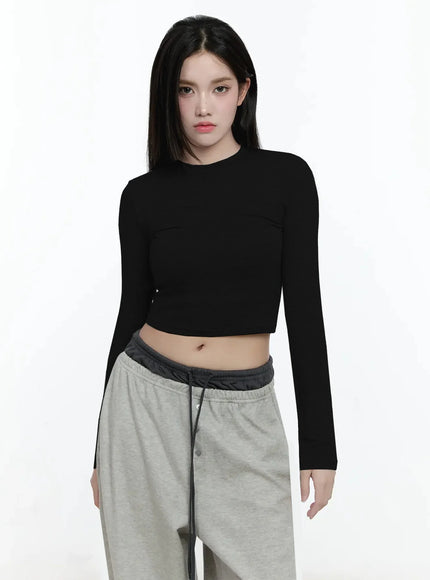 casual-long-sleeve-crop-tee-io527 / Black