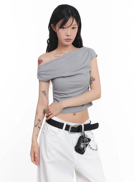 chic-off-shoulder-striped-tee-ic503 / Gray