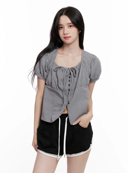 striped-puff-sleeve-ribbon-top-cl516