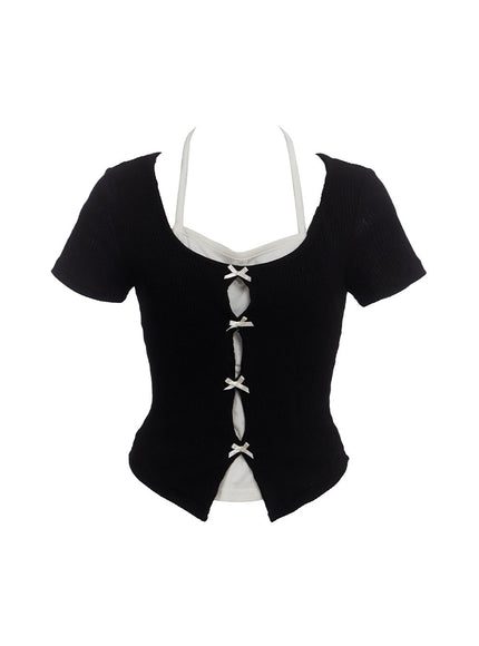 ribbon-layered-short-sleeve-cardigan-cu520 / Black