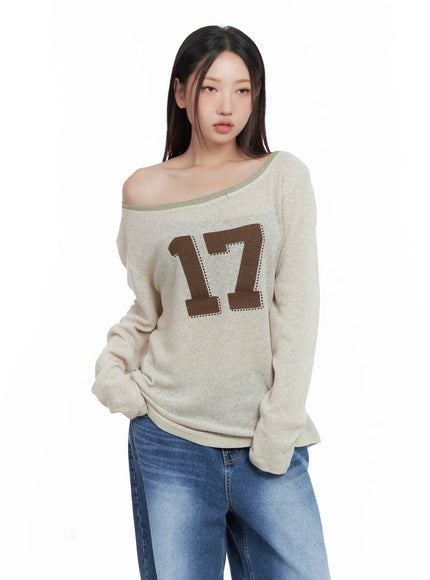 graphic-linen-loose-fit-long-sleeve-tee-cl509 / Beige