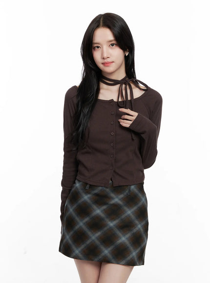 crop-cardigan-with-neck-strap-co523 / Dark brown