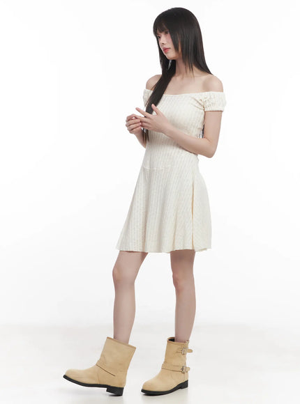 off-shoulder-flared-midi-dress-cu518 / Light beige