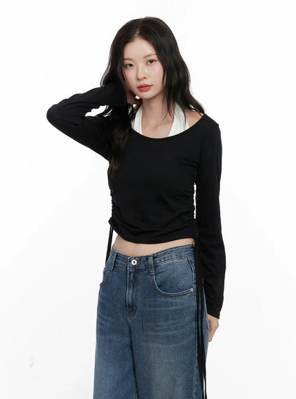 halter-layered-side-string-crop-top-co530 / Black