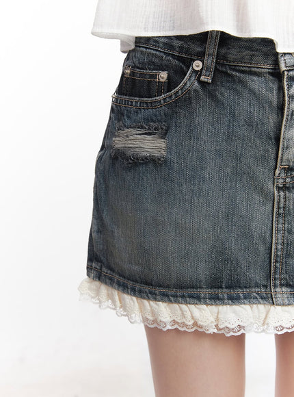 lace-trim-distressed-denim-mini-skirt-cy521