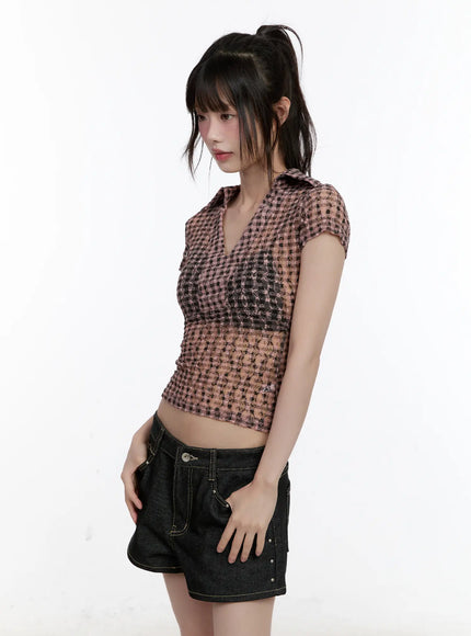 sheer-checked-collar-tee-cl504 / Pink