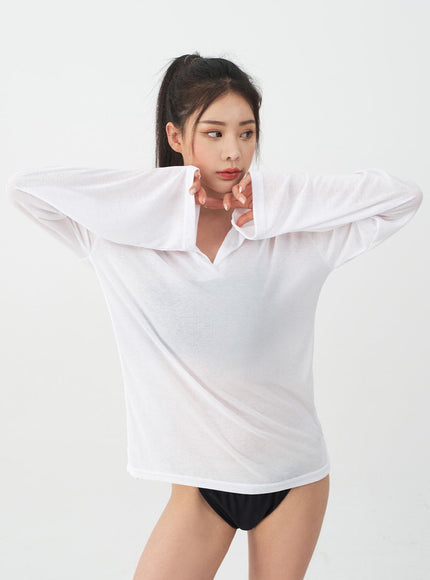 Soft Collar Sheer Long Sleeve Top IJ13
