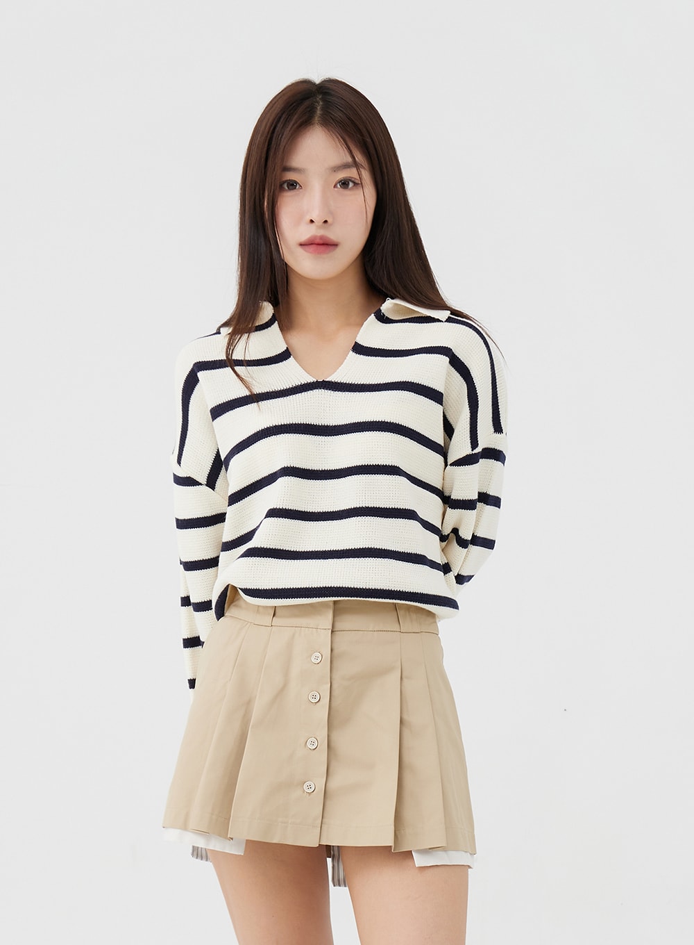 V-Neck Stripe Long Sleeve Knit with Collar IG24