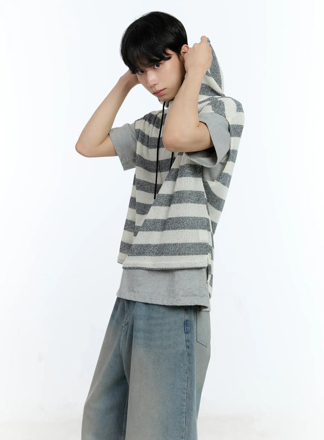 mens-striped-short-sleeve-hoodie-ig501