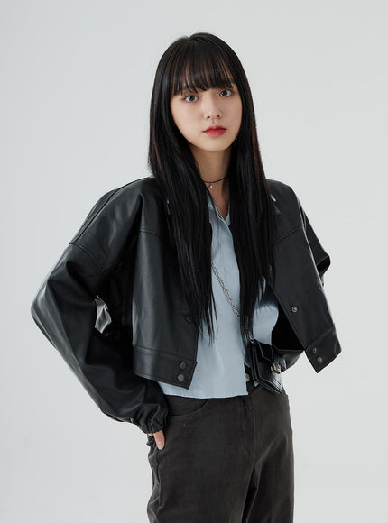 Faux Leather Button Crop Jacket OO26