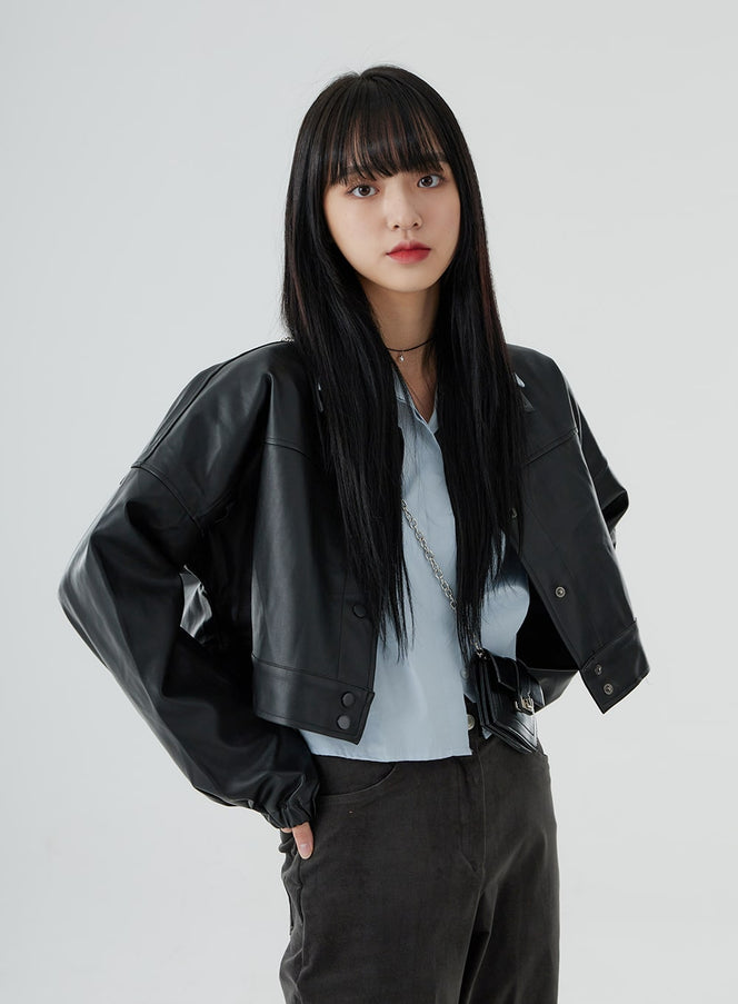 Faux Leather Button Crop Jacket OO26