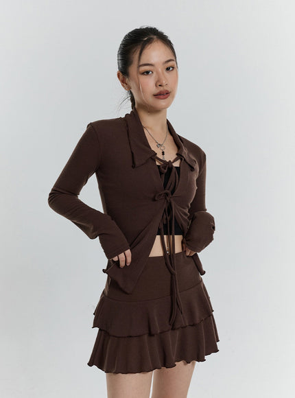 Front Tie Cardigan And Wavy Mini Skirt Set CN24
