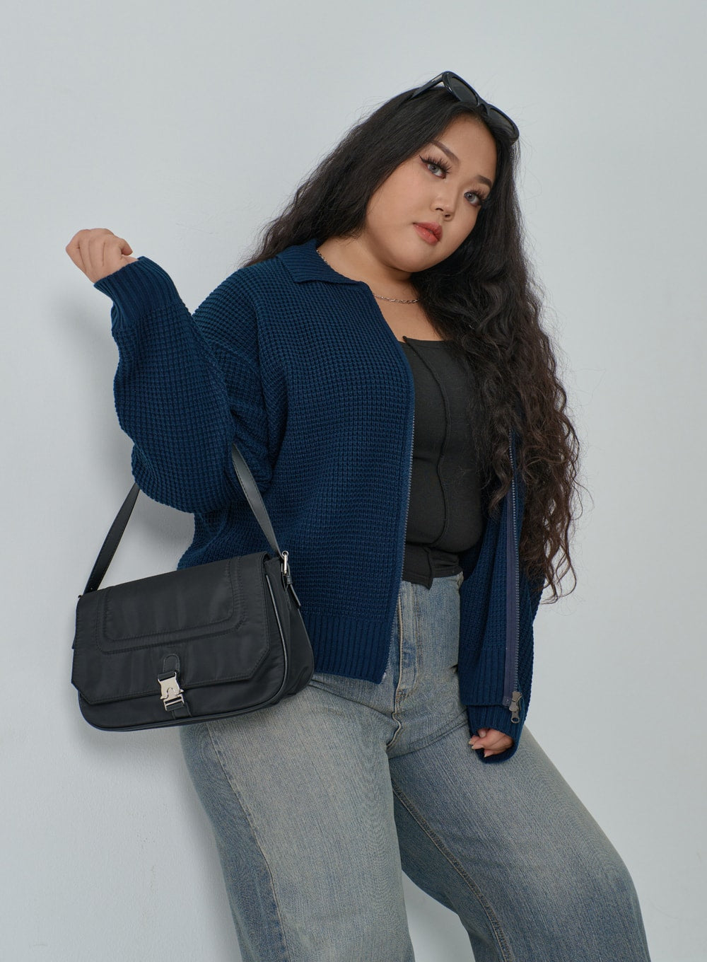 Plus Waffle Pattern Collared Two Way Zip-Up Knit