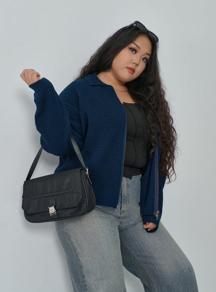 Plus Waffle Pattern Collared Two Way Zip-Up Knit