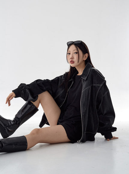 Over Fit Stitch Faux Leather Jacket Unisex CG16