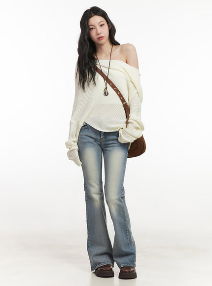 Ribbed Off-Shoulder Hooded Sweater CF513