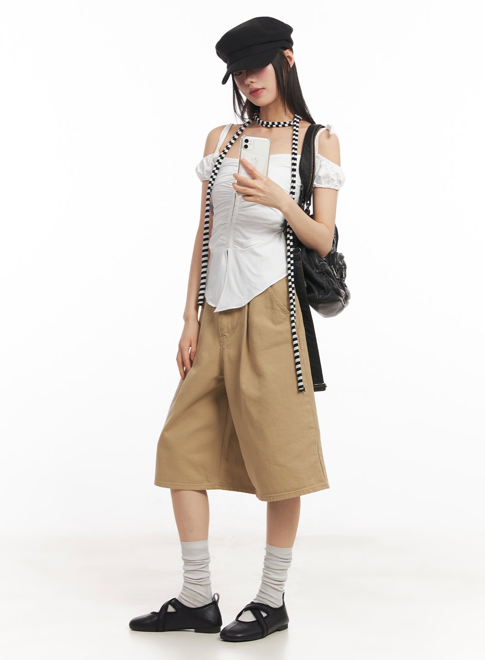 cotton-pintuck-wide-fit-shorts-ca523 / Beige