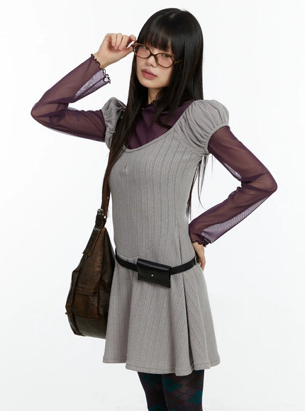 pointelle-puff-sleeve-flare-mini-dress-cf509 / Beige