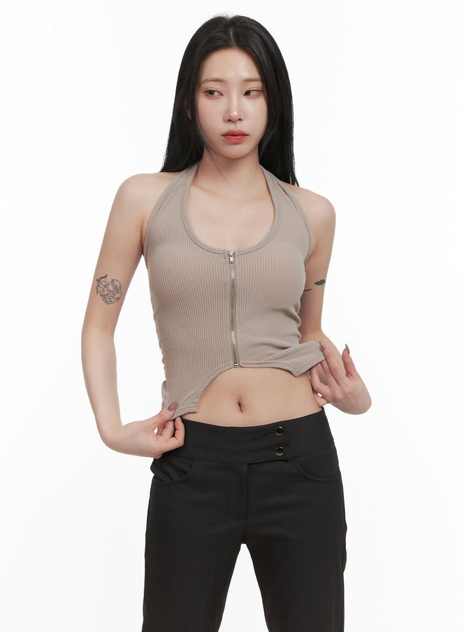 Zip-Up Halter-Neck Crop Top CJ516