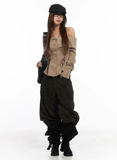 off-shoulder-suede-corset-blouse-cj512 / Beige