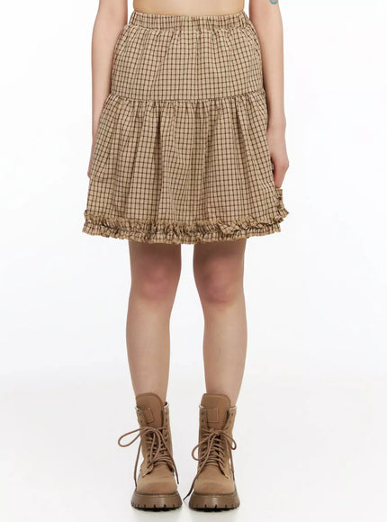 gingham-frill-midi-skirt-ia523 / Beige