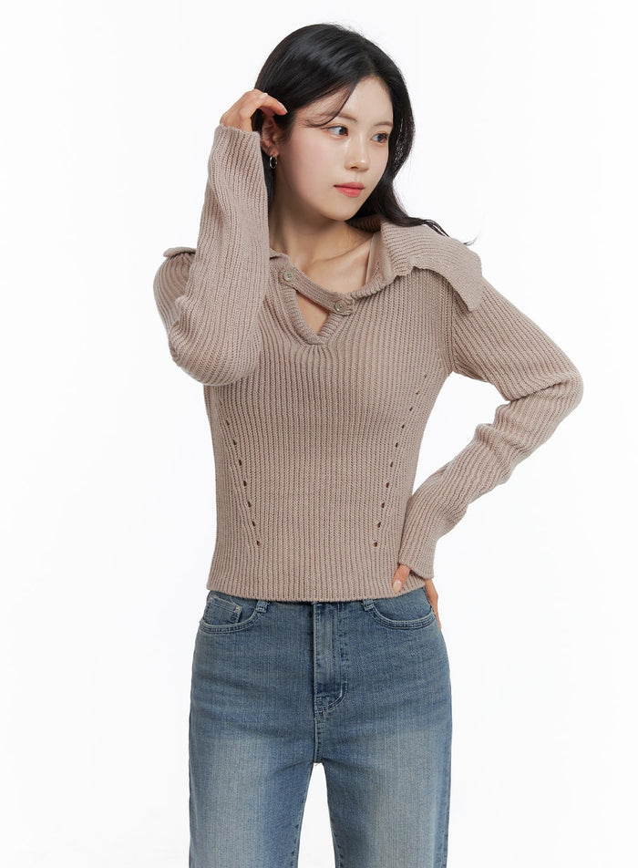 wool-blend-unbalanced-neck-knit-collar-sweater-om420 / Beige