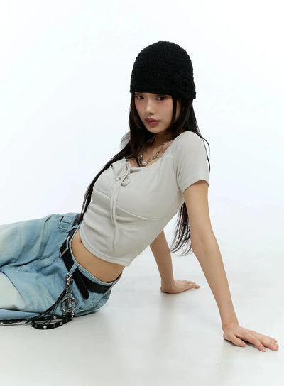 ribbon-detail-crop-top-iu524 / Beige