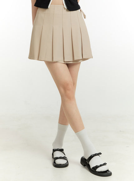 pleated-solid-mini-skirt-ou428 / Beige