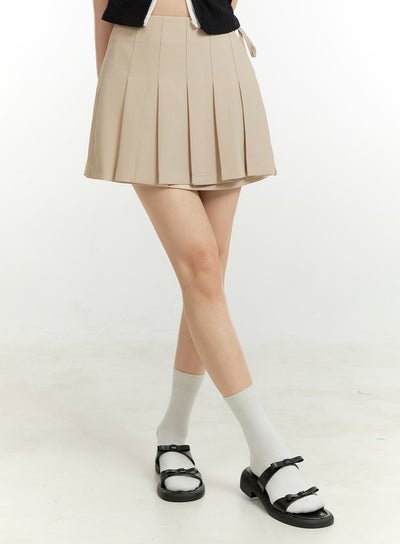 pleated-solid-mini-skirt-ou428 / Beige