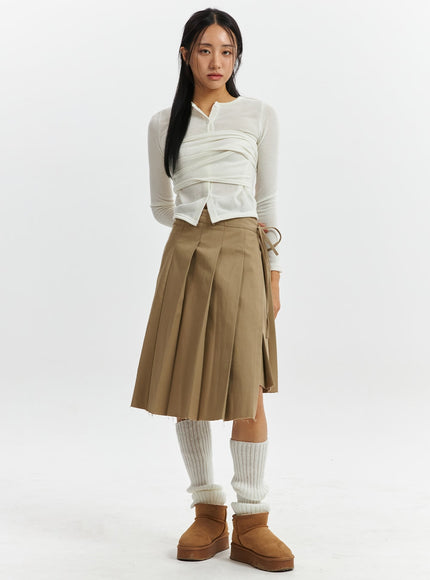 knotted-wrap-mid-pleated-skirt-cd319 / Beige