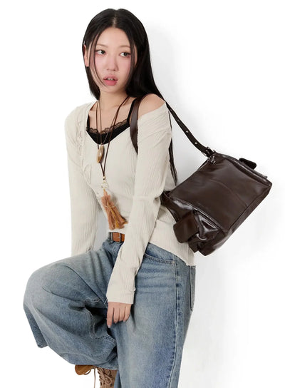 two-way-flower-ribbed-top-im509 / Beige