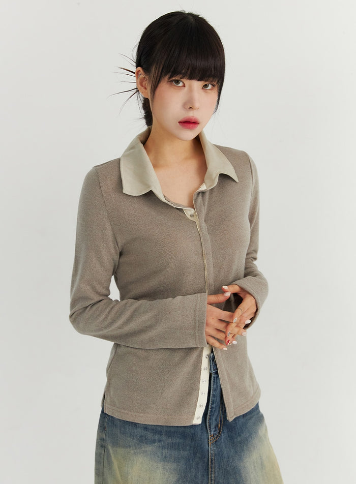 buttoned-long-sleeve-collar-top-co319 / Beige