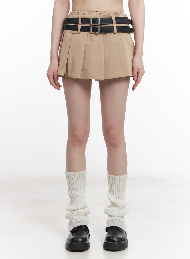 double-belt-pleated-mini-skirt-cu506 / Beige