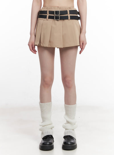 double-belt-pleated-mini-skirt-cu506 / Beige