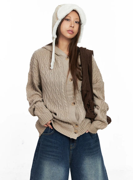 oversized-cable-knit-button-up-hoodie-co510 / Beige