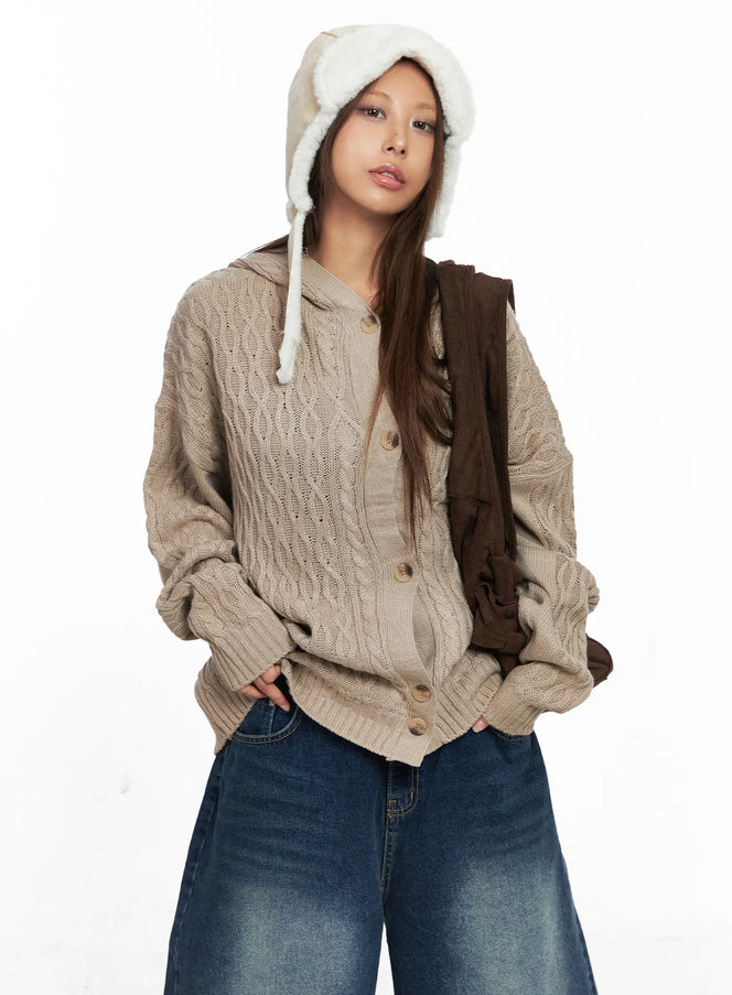 oversized-cable-knit-button-up-hoodie-co510 / Beige