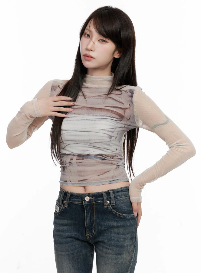 mesh-patterned-long-sleeve-top-co520 / Beige