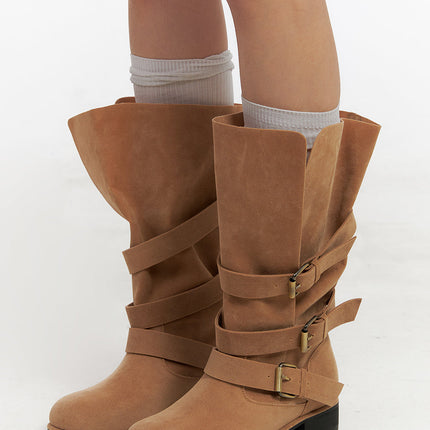 buckled-faux-leather-boots-cn426 / Beige